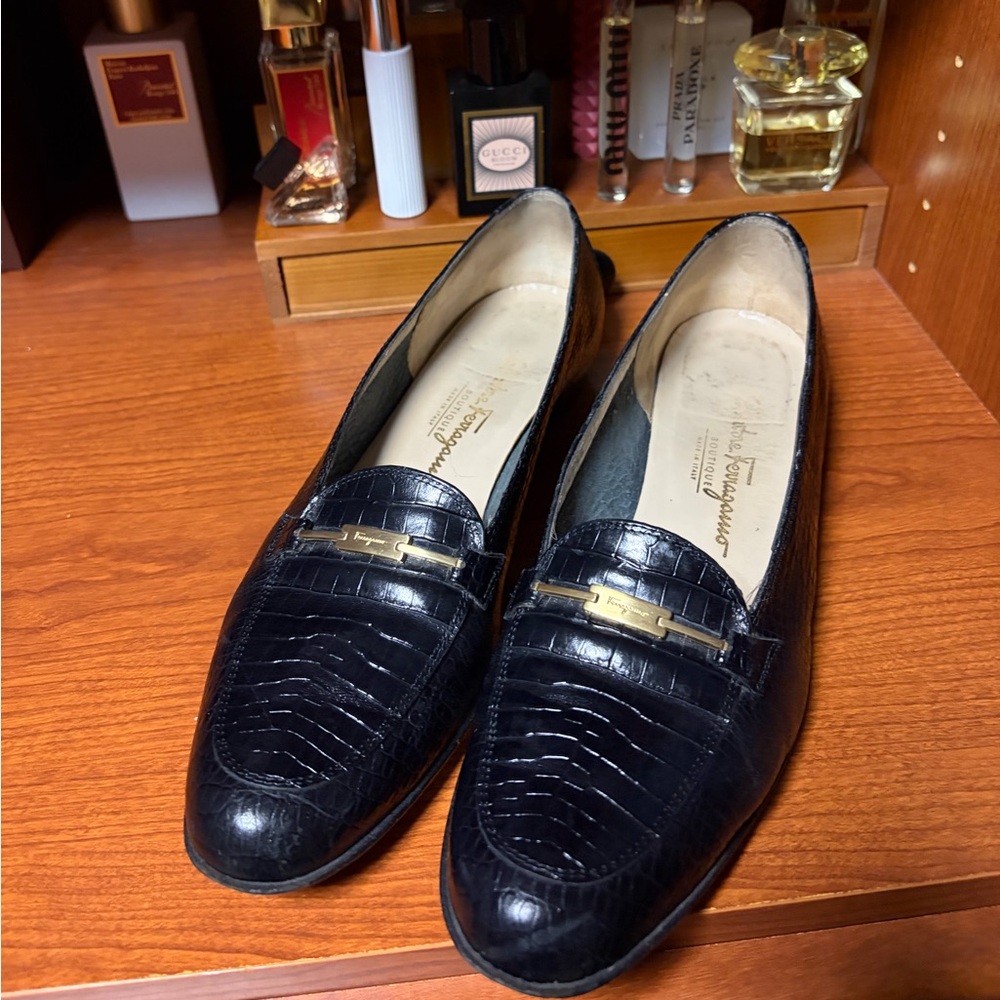Salvatore Ferragamo Black Crocodile Loafers